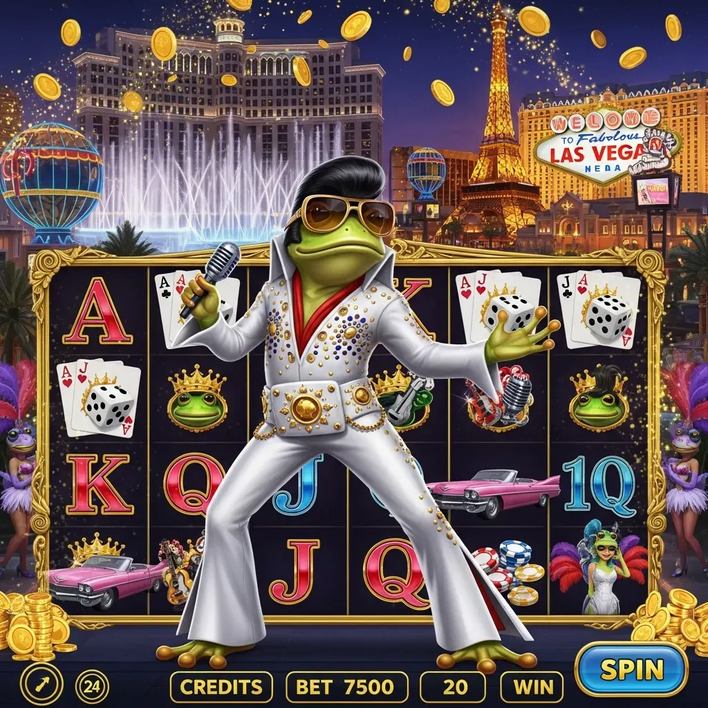Elvis Frog in Vegas Elvis frog performing on casino slot machine with Las Vegas skyline